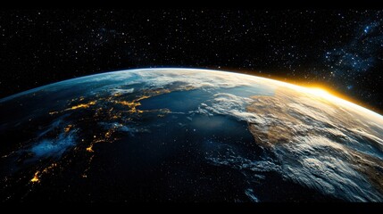 Obraz premium Stunning view of Earth from space at dawn, highlighting natural beauty and city lights against a starry backdrop.