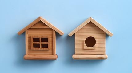 flat lay of two wooden model houses on blue background.