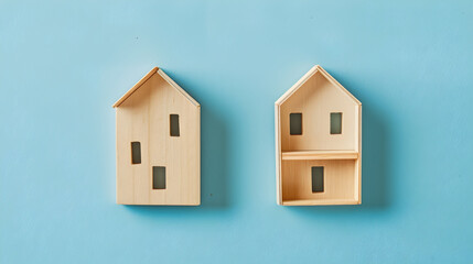 flat lay of two wooden model houses on blue background.