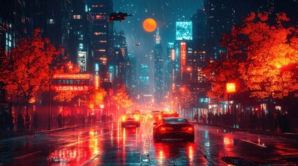 Obraz premium Cyberpunk Cityscape with Rain and Flying Cars.
