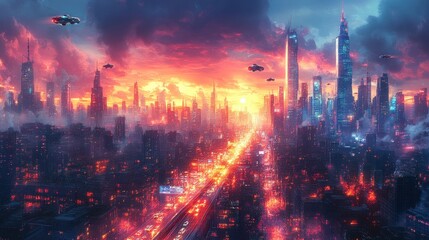 Fototapeta premium Futuristic Cityscape at Sunset with Flying Cars.