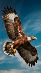 Naklejka premium Martial Eagle Flying with Blue Sky Background, Realistic Photo, Pattern Background, Wallpaper, Cover and Screen for Smartphone, Cell Phone, Computer, Laptop