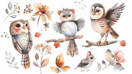 Hand drawn watercolor owl, mouse and bird dancing animals. Boho nursery decoration illustrations, music trendy art. Perfect for fabric design.