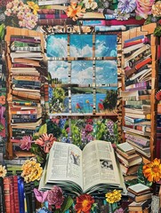 Fototapeta premium Collage of books, flowers, and a window view.