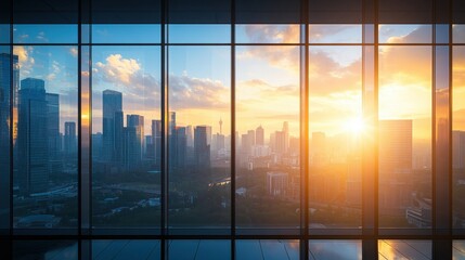 Fototapeta premium Cityscape View Through Window at Sunset.