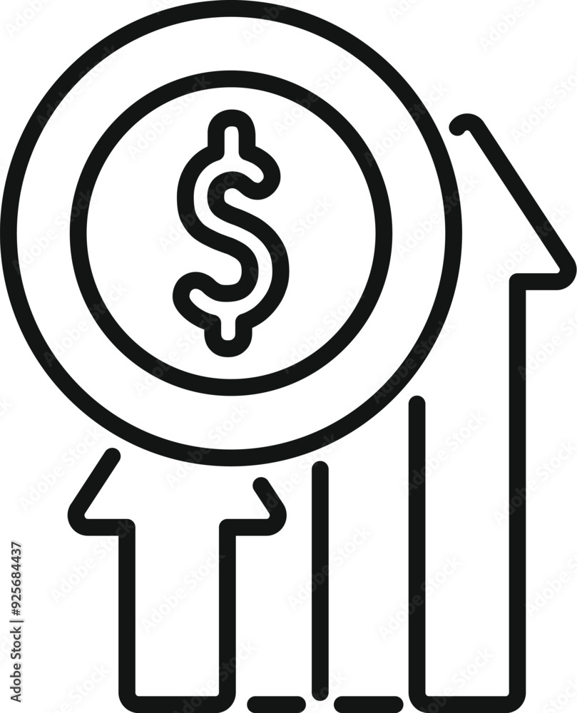 Poster simple line art icon representing a growth chart with increasing arrows and a dollar sign