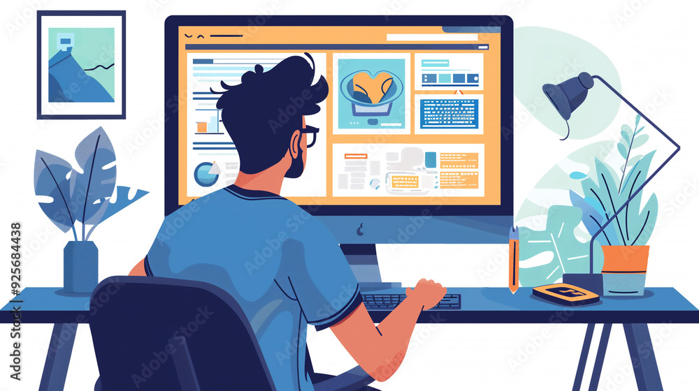 Poster portrait of a graphic designer working on modern desktop computer
