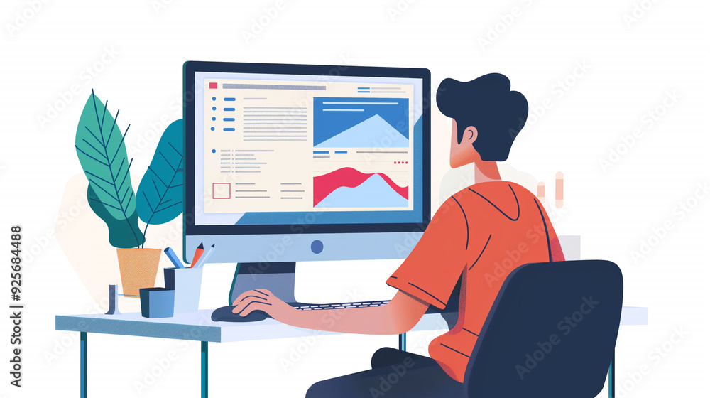 Poster portrait of a graphic designer working on modern desktop computer