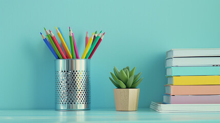 Fototapeta premium Colorful pencils in a holder with succulents and stacked books on a blue desk