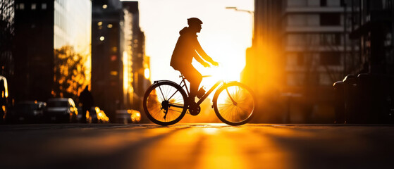Silhouette of a person riding a bicycle during a stunning sunset in the city, with warm sunlight casting long shadows on the street.