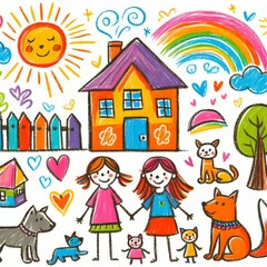 Colorful children's drawing with happy family, pets, and house under a bright sun and rainbow, symbolizing joy and creativity.