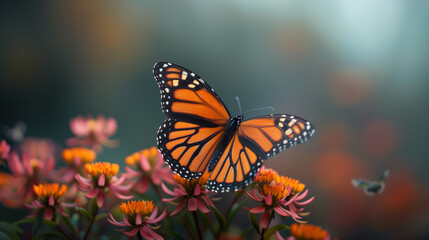 Fototapeta premium A close-up of a butterfly with intricate wing patterns resting on a colorful autumn flower, set against a blurred background.