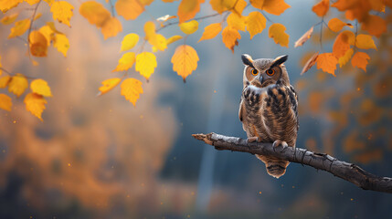 A serene forest scene with an owl perched on a branch, encircled by the vivid colors of autumn leaves.