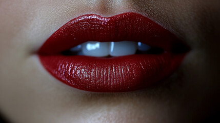 Obraz premium woman's hand applying red lipstick to her lips. The vivid red color symbolizes confidence, passion, and empowerment, highlighting beauty and self-expression in modern femininity