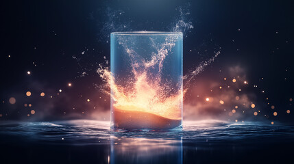 Bright, jagged, colorfull water splashing on a sheet of reflective glass in between glowing fusion particles in a sand filled glass tube floating in space.