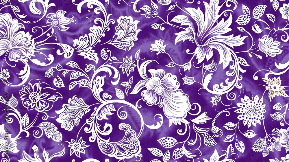 Wall mural white floral paisley pattern, purple background, square border