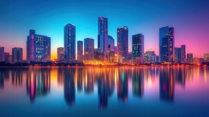 Fototapeta premium City Skyline Reflection in Water at Dusk.