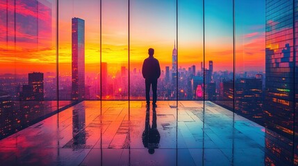 Businessman Silhouette Standing in a Skyscraper Looking at the Sunset.