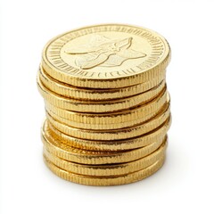 Close up of gold coin stack on an isolated white background