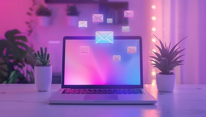 Fototapeta premium A modern laptop with an open body on the screen, displaying colorful email icons and pink and purple shades of light in the background