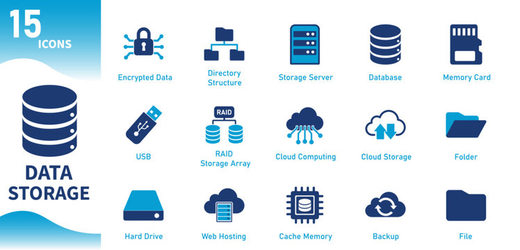 Data storage icon. Set of storage technology icons, hard drive, server, cloud computing, database, internet. Solid vector icons.