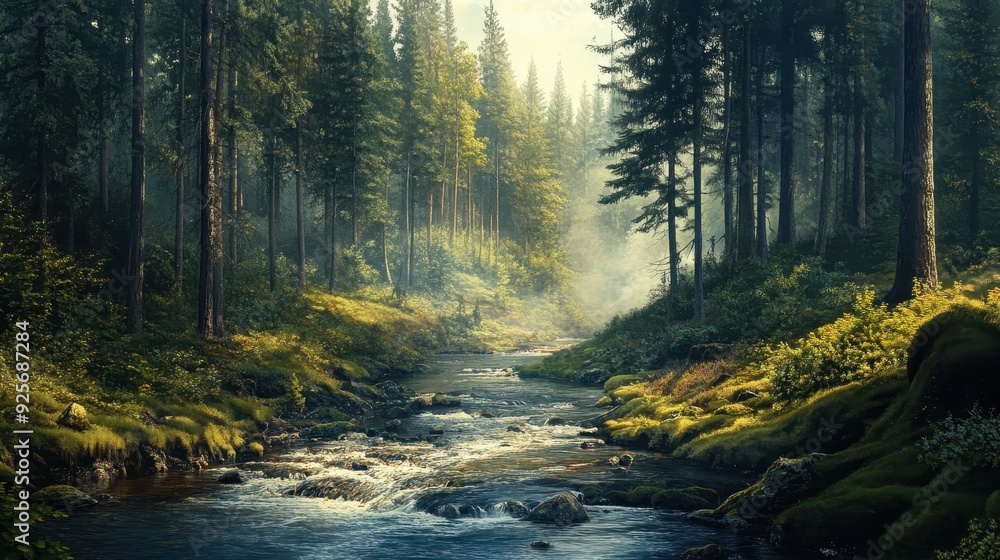 Wall mural mystical forest stream.