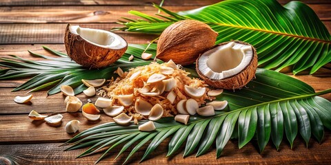 Freshly toasted coconut chips scattered on a rustic wooden table, surrounded by tropical leaves and a few whole coconuts, evoking a sense of summer getaway.