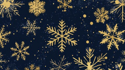 Gold Glitter Snowflakes on Dark Blue Background.
