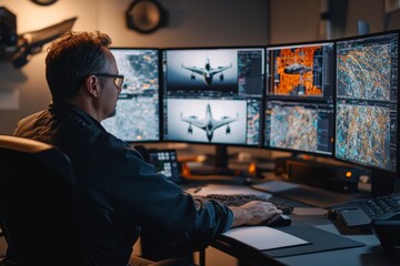 Aeronautical engineer analyzing aircraft designs on multiple screens in high tech office