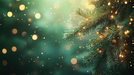 Elegant Festive Pine Branches with Golden Lights, Bokeh Effect Background for Christmas and New Year Celebrations, Abstract Nature Design with Space for Text and Web Banners