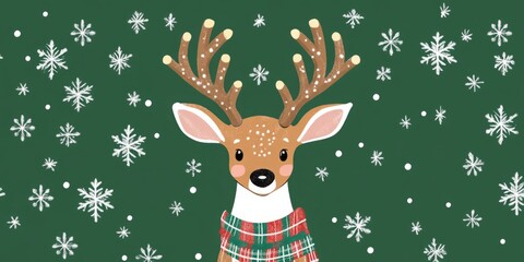 Festive Enchantment - A Christmas Deer Graces the Green Background with Sparkling Snowflakes.