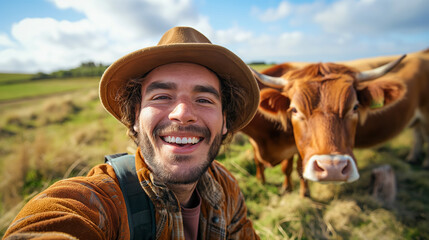 Smiling man in a hat taking a selfie with a cow in a sunny pasture. The image captures a moment of connection with farm animals, reflecting rural life and joy in nature.