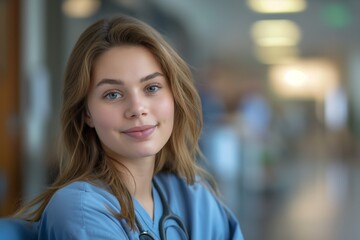 Obraz premium Young confident doctor posing in busy hospital hallway