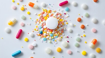Colorful assorted pills and capsules in a vibrant arrangement on a white background.