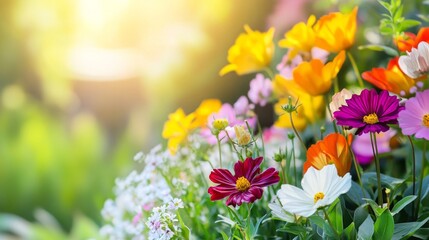 Fototapeta premium Garden Spectrum - Colorful Zinnias Blooming in a Sunny Spring and Summer Garden, Embracing the Natural Outdoor Light.