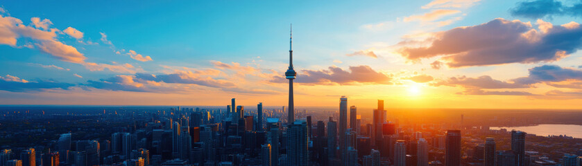 Obraz premium Stunning sunset over city skyline with iconic tower and skyscrapers, vibrant colors and dramatic clouds creating breathtaking urban scenery.