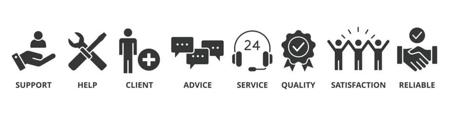 Customer care banner web icon vector illustration concept for customer support and telemarketing service with an icon of help, client, advice, chat, service, reliability, quality, and satisfaction