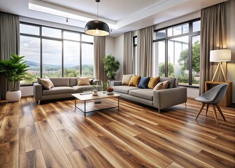Fototapeta premium Glossy, water-resistant vinyl planks in a modern living room, offering a realistic wood grain pattern and a stylish, low-maintenance flooring solution.
