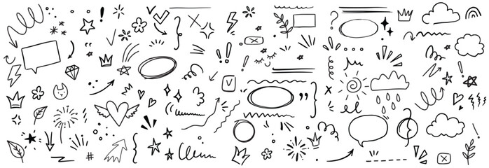 Doodle elements on isolated white background hand drawn simple signs and symbols line art.