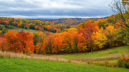 A scenic shot of a fall landscape with vibrant autumn colors