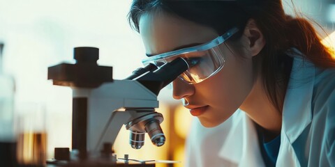 Inquisitive Minds - A Female Scientist Deep in Observation Through a Microscope in a State-of-the-Art Laboratory.