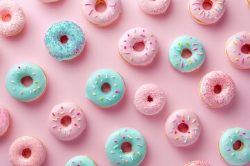 Colorful donuts on pink background top view flat lay for beauty and art lovers