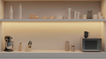 A photo of an empty 3D podium in a small yet stylish kitchen with open shelving and modern appliances, isolated on a light silver background