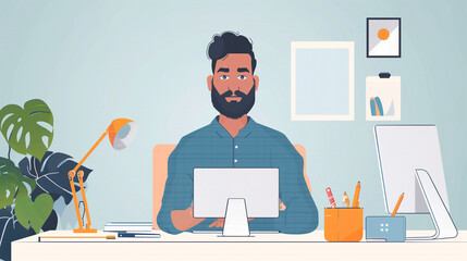 portrait of an Indian graphic designer working on modern desktop computer 