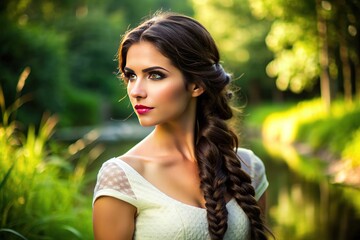 Naklejka premium Gorgeous woman with long, dark hair styled in a intricate fishtail braid, falling down her back, against a soft, natural outdoor background.