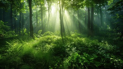 Obraz premium A lush green forest with sunlight filtering through the trees, symbolizing Earth natural beauty and vitality.