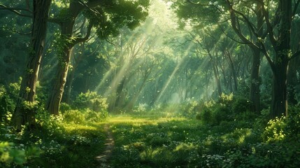 Fototapeta premium A lush green forest with sunlight filtering through the trees, symbolizing Earth natural beauty and vitality.