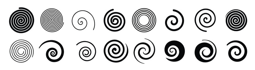 Set of simple spirals. Swirl motion twisting circles design element set isolated vector icons.