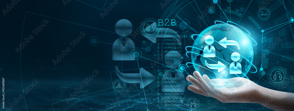 Poster business to business. hand holding a digital globe with network connecting data. representation of d