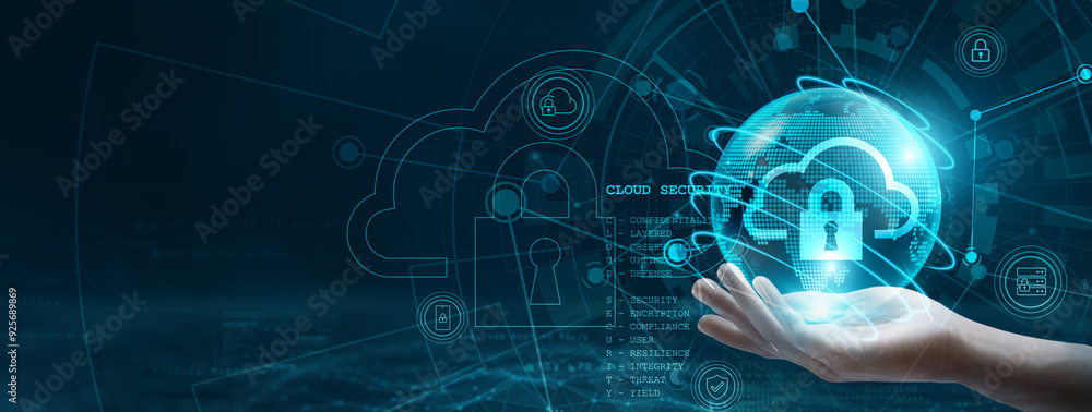 Poster cloud security. hand holding a globe with a network connecting data. the concept of digital technolo